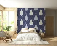 Indigo Stylized Leaf Pattern Wallpaper for Bedrooms