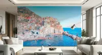 Pastel Cliffside Village Azure Sea Wall Mural