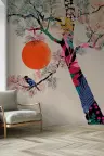 Vibrant Abstract Tree and Bird Wall Mural with Sunrise 4