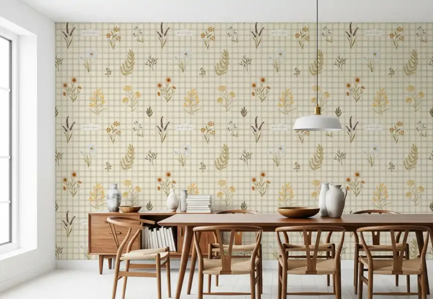 Jardin Des Fleurs Wildflowers on Gingham Wallpaper