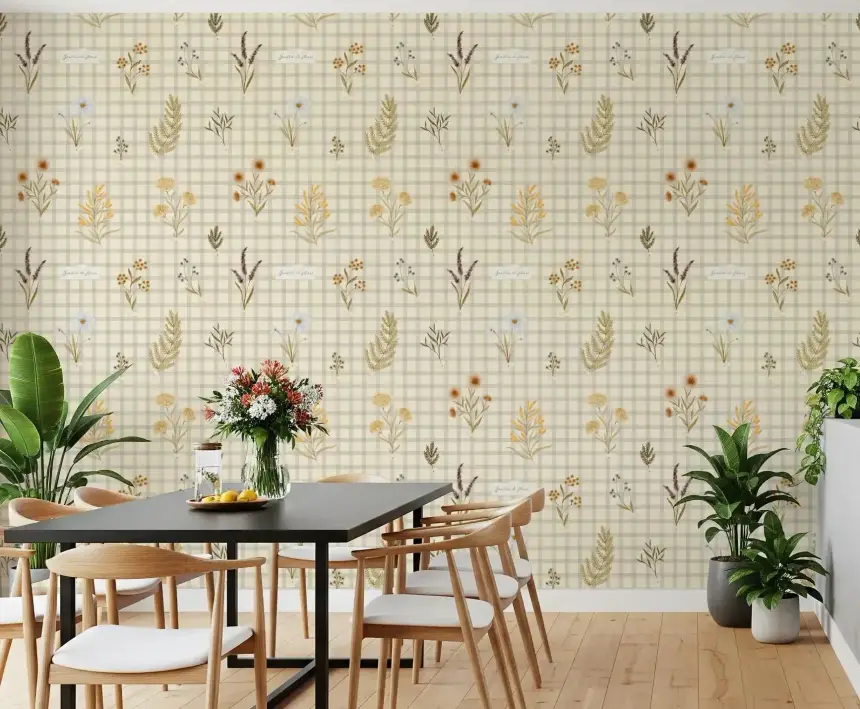 Jardin Des Fleurs Wildflowers on Gingham Wallpaper