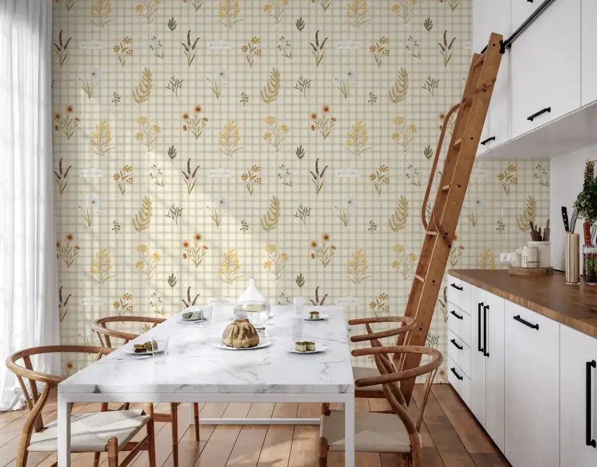 Jardin Des Fleurs Wildflowers on Gingham Wallpaper