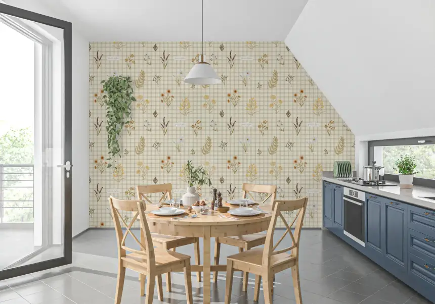 Jardin Des Fleurs Wildflowers on Gingham Wallpaper
