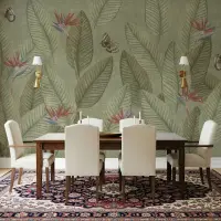 Vintage Tropical Leaves and Bird of Paradise Wall Mural