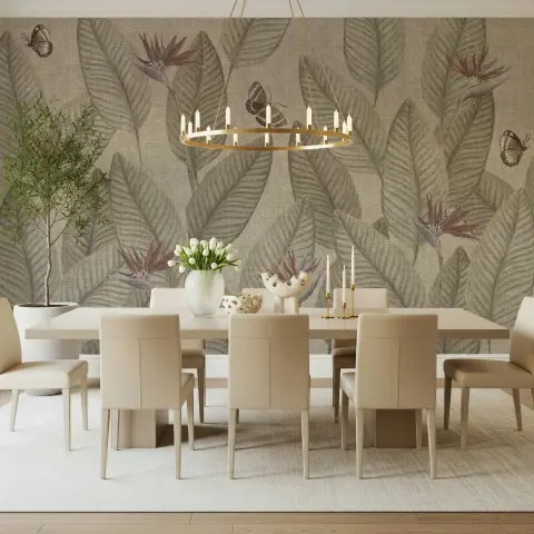 Muted Tropical Leaves and Butterfly Wall Mural