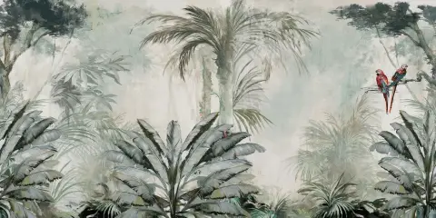 Misty Tropical Jungle Parrots Wallpaper Mural