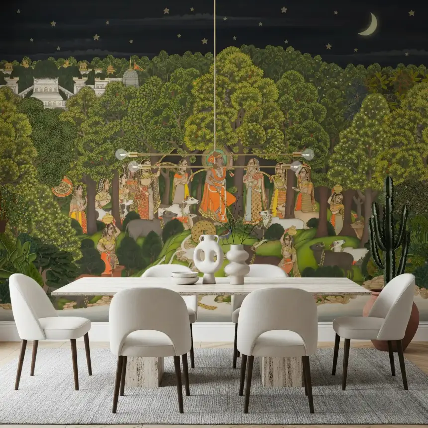 Krishna's Enchanted Forest Night Wall Mural