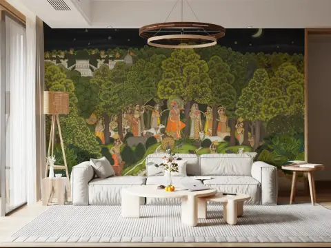 Enchanted Krishna Forest Night Wall Mural