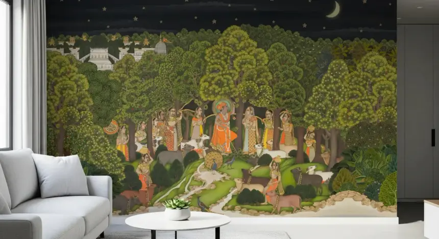 Krishna's Enchanted Forest Night Wall Mural