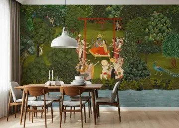 Radha Krishna Swing in Lush Forest Wall Mural