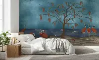 Serene Lakeside Cranes and Wisteria Wall Mural