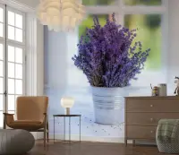 Vibrant Lavender Bouquet in Rustic Bucket Wall Mural