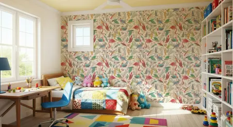 Vibrant Birds and Botanical Foliage Wallpaper