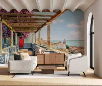 Vibrant Coastal Town Pergola Wall Mural
