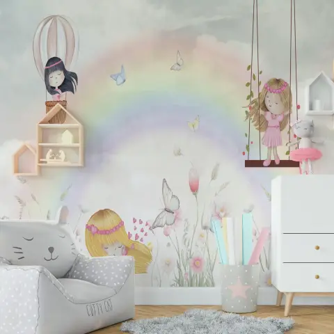 Dreamy Pastel Rainbow and Butterfly Kids Wall Mural