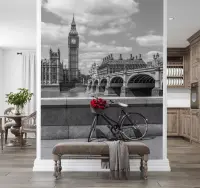 London Big Ben Monochrome Wall Mural with Red Roses