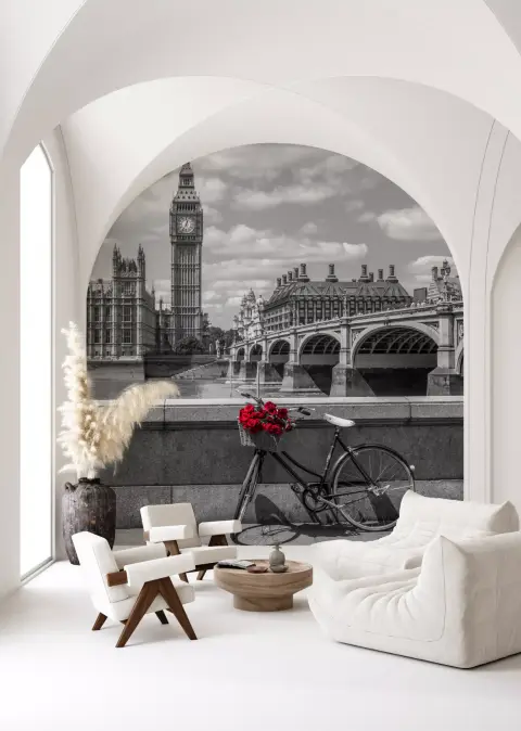 London Big Ben Monochrome Wall Mural with Red Roses
