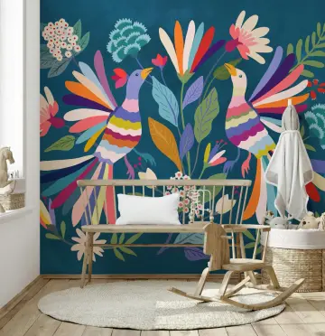 Vibrant Folk Art Birds and Flowers Wall Mural