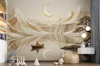 Abstract Mountain Lake & Crescent Moon Wall Mural