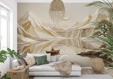 Abstract Mountain Lake & Crescent Moon Wall Mural