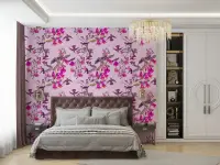 Elegant Pink Floral Bird Motif Wallpaper
