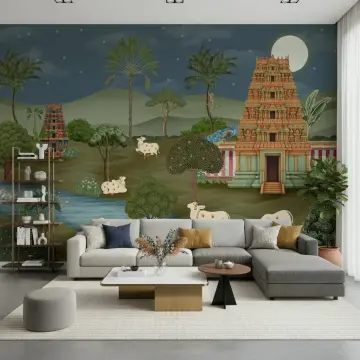 Sacred Temple Landscape Moonlight Wall Mural