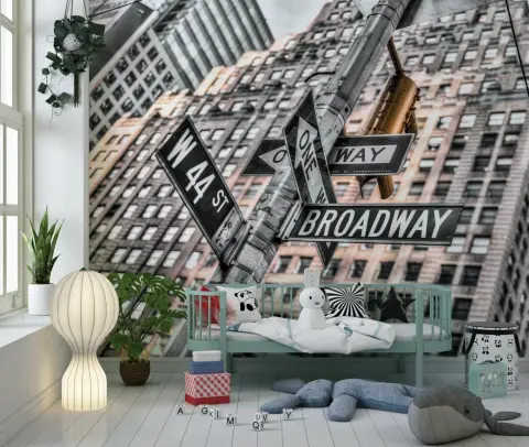 New York Cityscape Broadway Street Signs Wall Mural