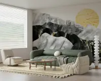 Abstract Marble Mountainscape Wall Mural with Gold Sun