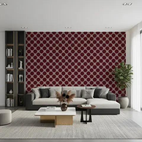 Maroon Floral Lattice Pattern Wallpaper