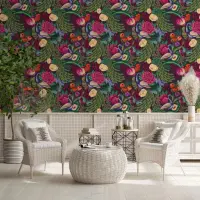 Vibrant Peacock and Tropical Floral Garden Wallpaper