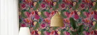 Opulent Peacock and Tropical Floral Pink Wallpaper