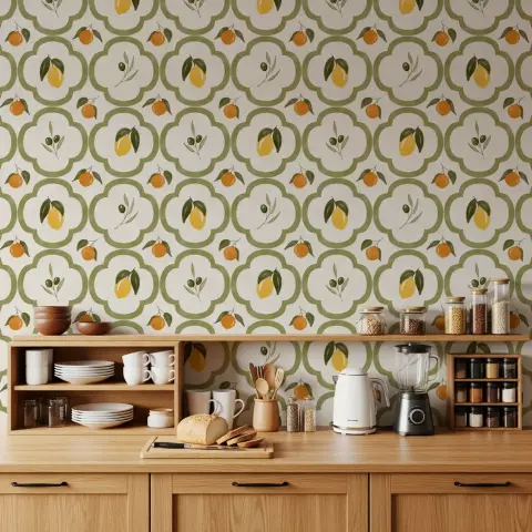 Mediterranean Citrus and Olive Trellis Wallpaper
