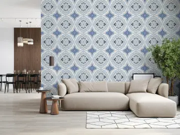 Mediterranean Blue Damask Tile Pattern Wallpaper