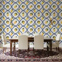 Zesty Lemon and Blue Quatrefoil Pattern Wallpaper