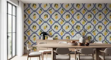 Zesty Lemon and Blue Quatrefoil Pattern Wallpaper