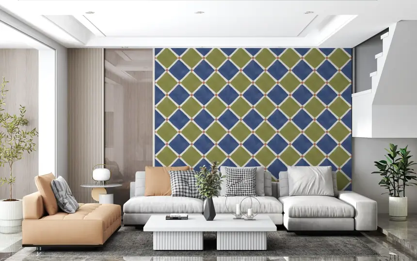Mediterranean Rustic Checkerboard Aged Decoration - Blue - Olive Wallpaper