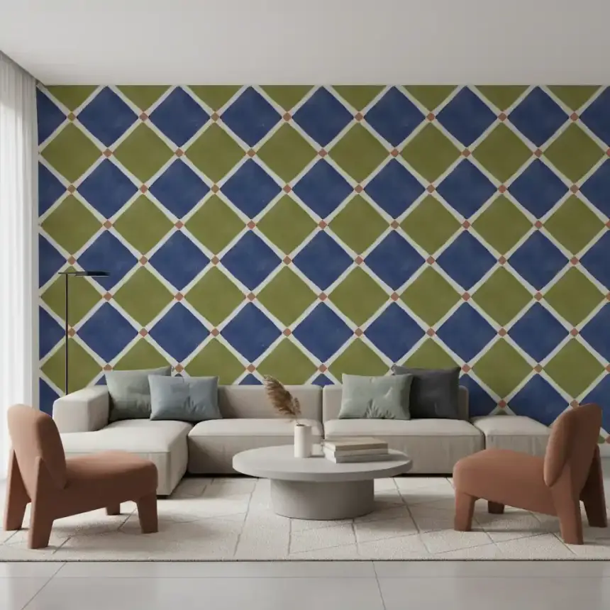 Mediterranean Rustic Checkerboard Aged Decoration - Blue - Olive Wallpaper