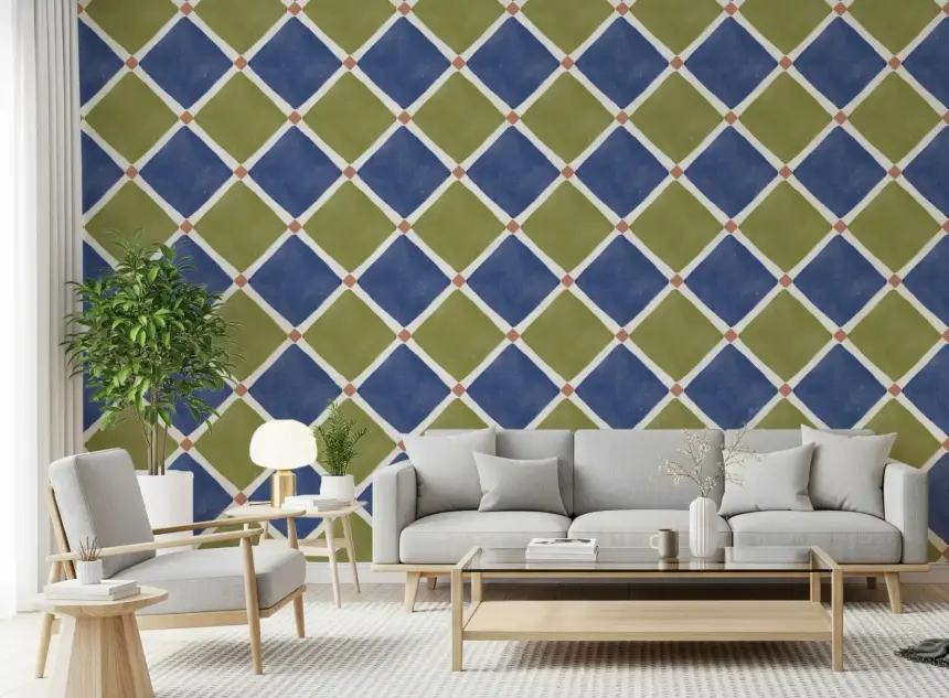 Mediterranean Rustic Checkerboard Aged Decoration - Blue - Olive Wallpaper