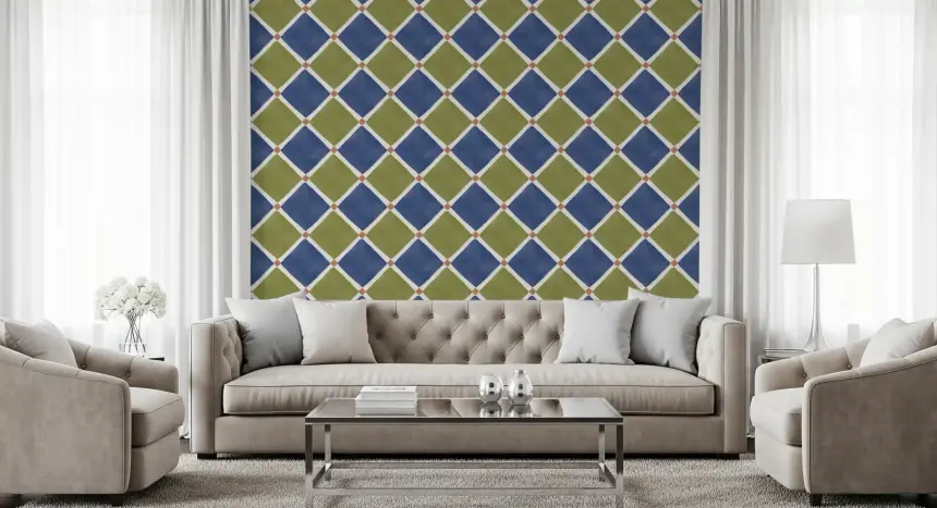 Mediterranean Rustic Checkerboard Aged Decoration - Blue - Olive Wallpaper
