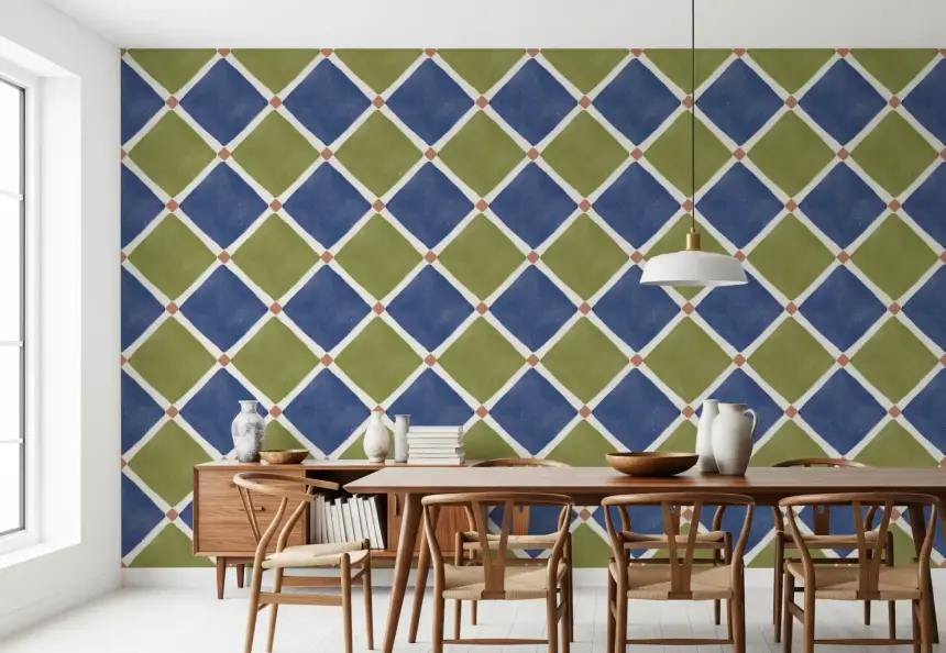 Mediterranean Rustic Checkerboard Aged Decoration - Blue - Olive Wallpaper