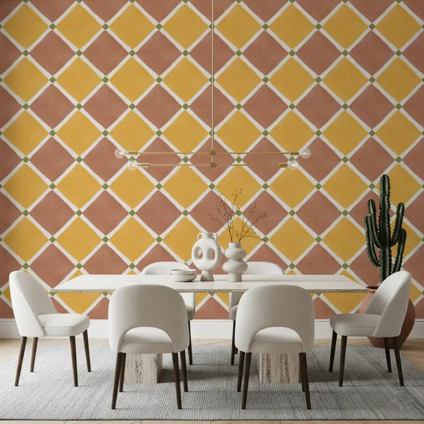 Mediterranean Rustic Checkerboard Aged Decoration - Terracotta - Yellow Wallpaper