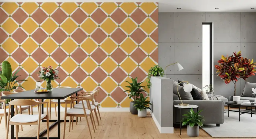 Mediterranean Rustic Checkerboard Aged Decoration - Terracotta - Yellow Wallpaper