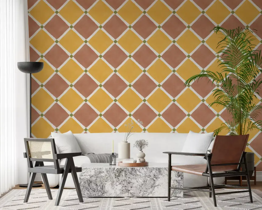 Mediterranean Rustic Checkerboard Aged Decoration - Terracotta - Yellow Wallpaper