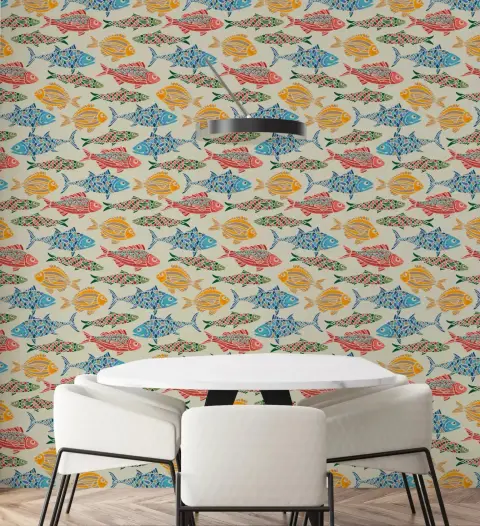 Vibrant Folk Art Fish Pattern Wallpaper