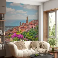 Magenta Bougainvillea Terracotta Rooftop Village Coastal Wall Mural