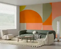 Orange Peach Olive Geometric Arc Blocks Wallpaper Mural