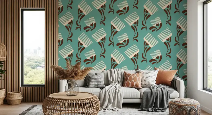 Mid Mod Wildflower Comb - Teal Beige Wallpaper