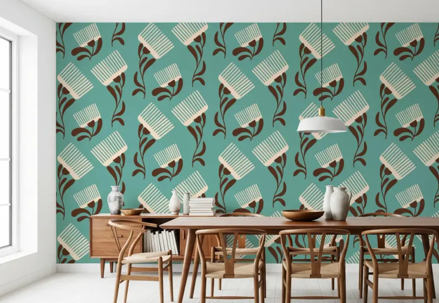 Mid Mod Wildflower Comb - Teal Beige Wallpaper