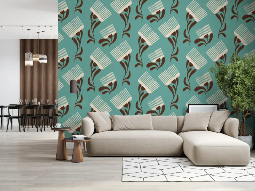 Mid Mod Wildflower Comb - Teal Beige Wallpaper