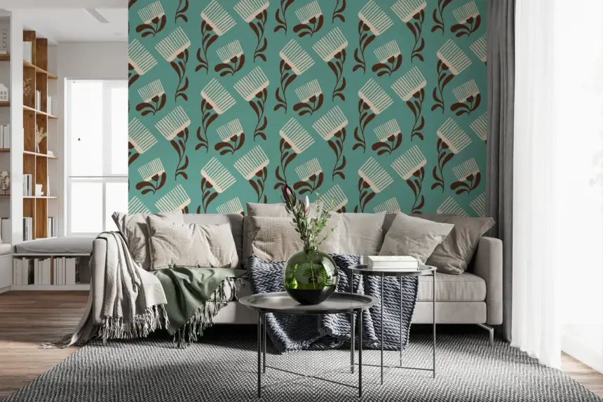 Mid Mod Wildflower Comb - Teal Beige Wallpaper